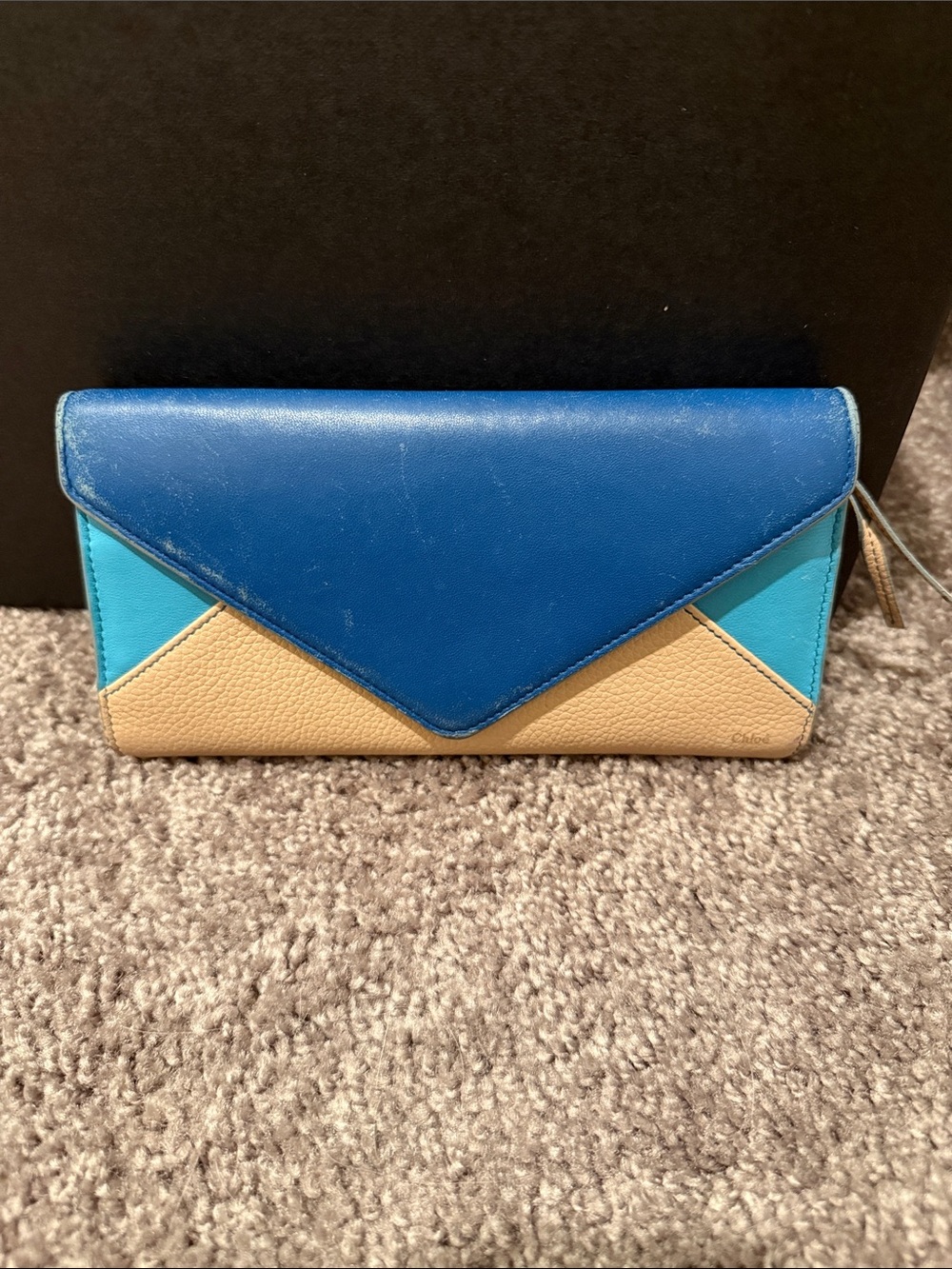Chloe Patchwork Tricolor Envelope Wallet - Navy, Turquoise & Beige